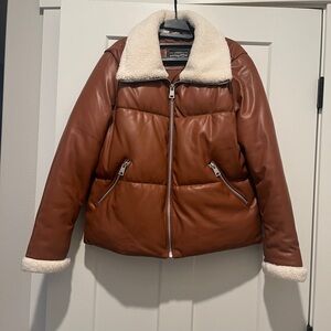 Levi's Brown Faux Leather Puffer Jacket with Cream Sherpa Accents
